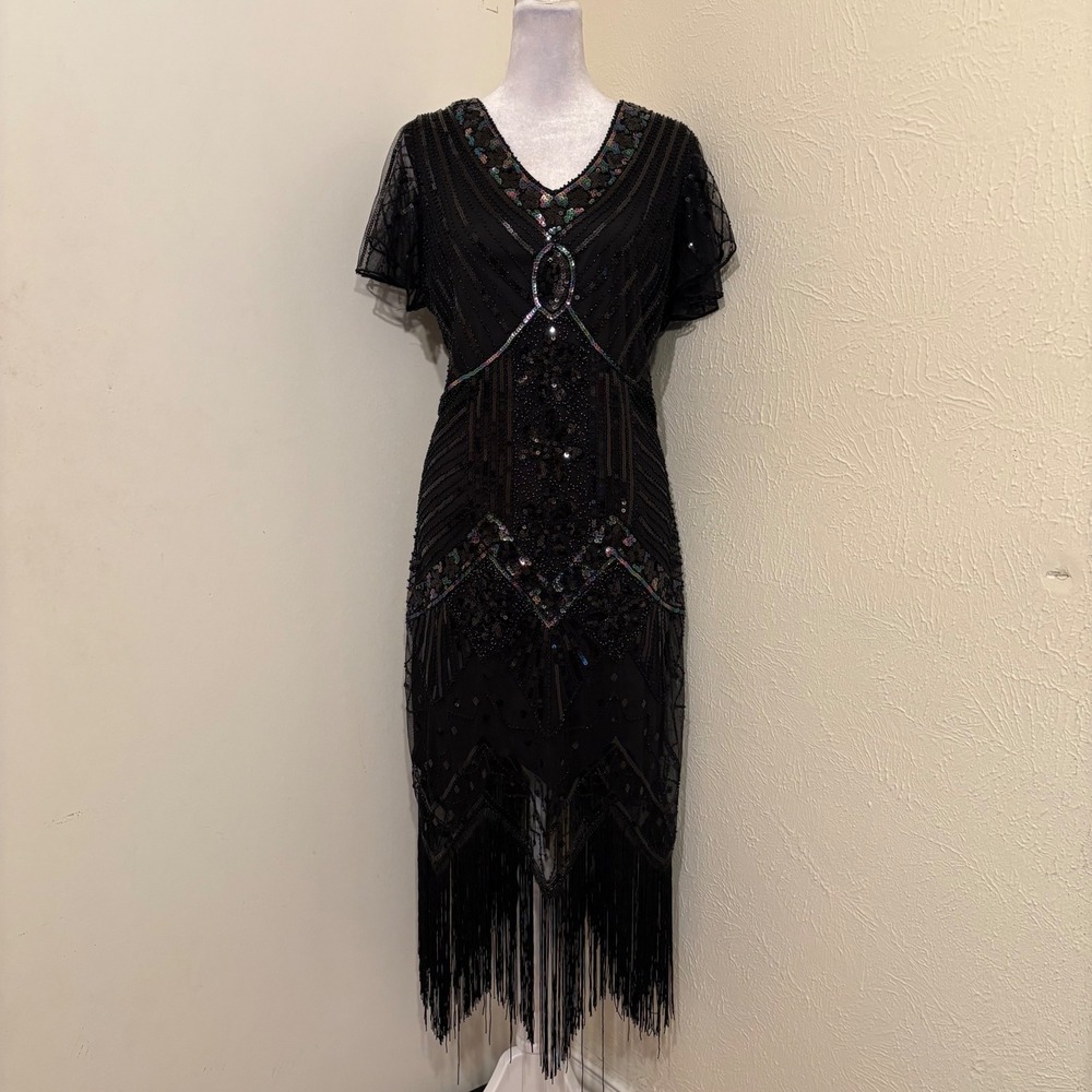 Fundaisy Black Beaded Art Deco Fringe Sequin Gatsby Midi Dress VNeck 2XL Flapper